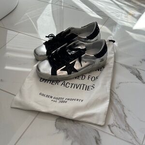 Golden Goose Metallic Silver and Black Star Sneakers